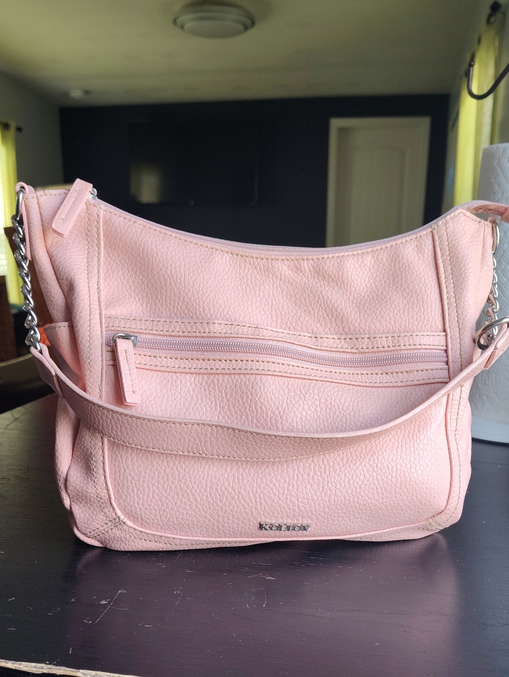 Pebbled Leather Shoulder Bag in Soft Peach with Chain-Accent Straps